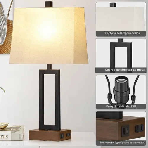 Vista 7 de Rinweey Juego de 2 lámparas de mesa de 23.5 pulgadas, modernas lámparas de noche negras con 2 puertos USB y salida de CA, lámparas de mesita