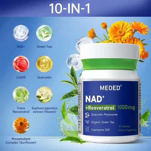Vista 6 de NAD+ Suplemento de resveratrol de 1000 mg liposomal extra fuerte con resveratrol, CoQ10, quercetina y té verde orgánico para mujeres y hombres