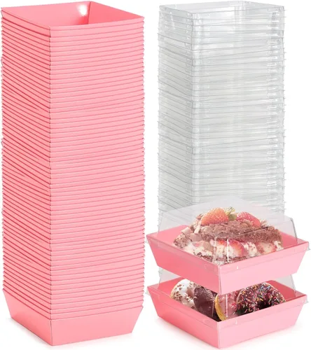 Vista 11 de Mini cajas de charcutería con tapas transparentes, 4.5 x 4.5 pulgadas, paquete de 20 cajas de postre marrones, cajas cuadradas desechables
