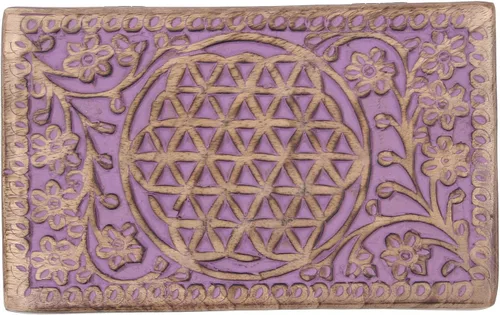 Vista 4 de DharmaObjects Caja de almacenamiento de madera tallada a mano con flores de la vida (morado, L)