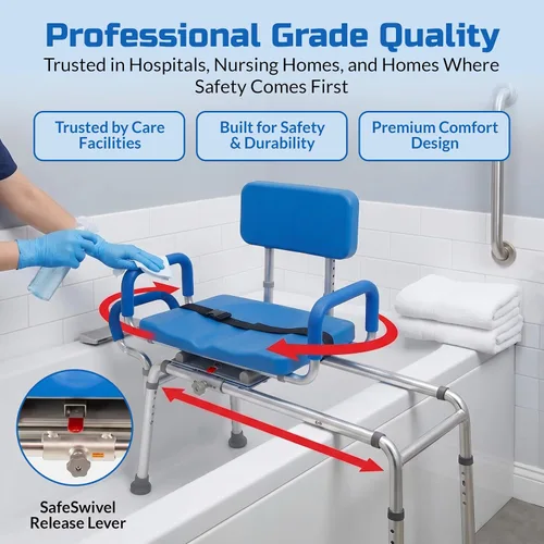 Vista 3 de Banco de transferencia deslizable para ducha con asiento giratorio Carousel, bariátrico, acolchado premium con apoyabrazos giratorios, alta