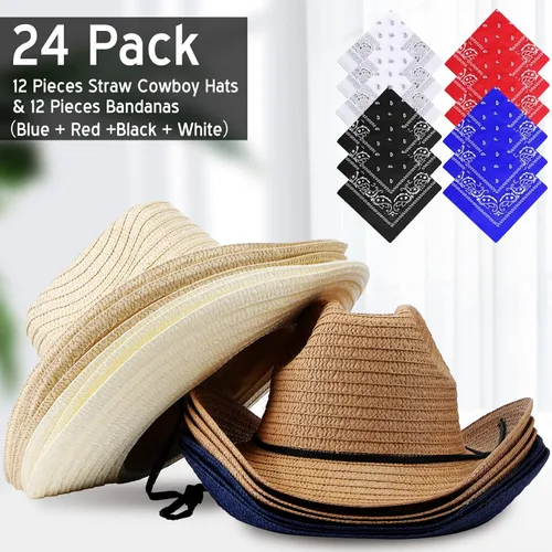 Vista 2 de SATINIOR - Juego de 12 sombreros de vaquero de paja y bandanas para fiesta, sombrero de vaquero para fiesta, disfraz y bandana, accesorios