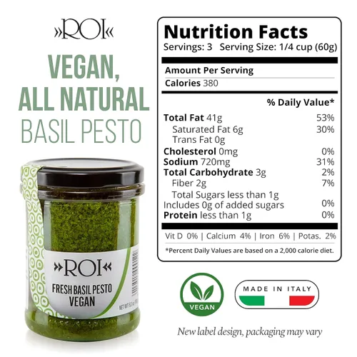 Vista 2 de ROI Pesto Sauce - Pesto vegano - Pesto fresco de albahaca liguriana hecha de albahaca Genovesa DOP y EVOO - Pesto sin gluten - Salsa de albahaca