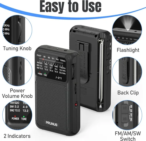 Vista 5 de PRUNUS J-211 - Radio portátil AM FM con carga USB C y operada por baterías AA, radio de transistor, fuerte recepción y altavoz claro, conector