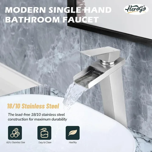 Vista 4 de Herogo Grifo de lavabo de baño, níquel cepillado de una sola manija, grifo alto de fregadero de baño con drenaje emergente y 2 líneas de suministro