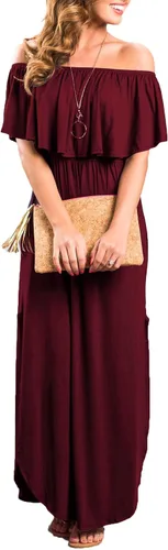 Vista 2 de Sarin Mathews - Vestido de fiesta para mujer, estilo casual largo hasta los tobillos, con volantes, hombros descubiertos, abertura lateral