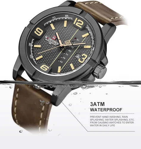 Vista 7 de NAVIFORCE Date Quartz Men Casual Militar Sports Japón Movimiento de cuarzo de cuero genuino Relojes de pulsera (amarillo)