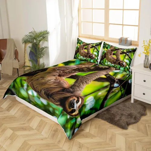 Vista 2 de Erosebridal Juego de ropa de cama de perezoso marrón, tamaño Queen, funda de edredón Kawaii para niños, adolescentes y niños, bonita funda