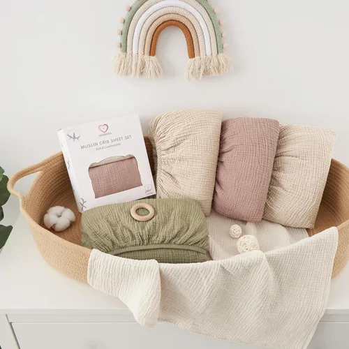 Vista 5 de Bearmoss Sábanas de muselina para mini cuna para Pack N Play - 100% algodón - 38"x26" Sábanas suaves y transpirables para corralito y cuna de bebé