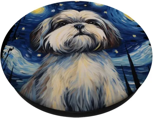 Vista 2 de Shih Tzu Perro Noche Estrellada Pintura Perro Mamá Papá PopSockets Estándar PopGrip