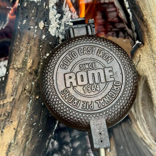 Vista 6 de Hierro redondo para tartas de Roma con asas de acero y madera equipo de cocina-camping