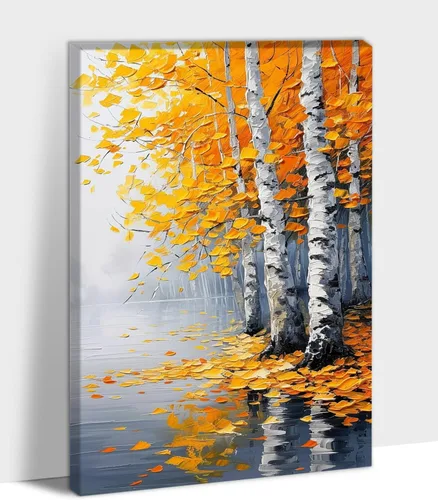 Vista 15 de UZMKM Lienzo decorativo de abedul para pared, pintura de bosque otoñal, imagen panorámica de paisaje, vista de la naturaleza amarilla, obra de arte
