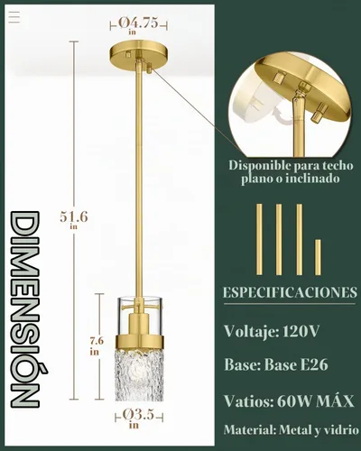 Vista 3 de LMS Lámpara colgante dorada, 1 luz colgante para isla de cocina con vidrio martillado, LMS-171 Oro - Vidrio martillado