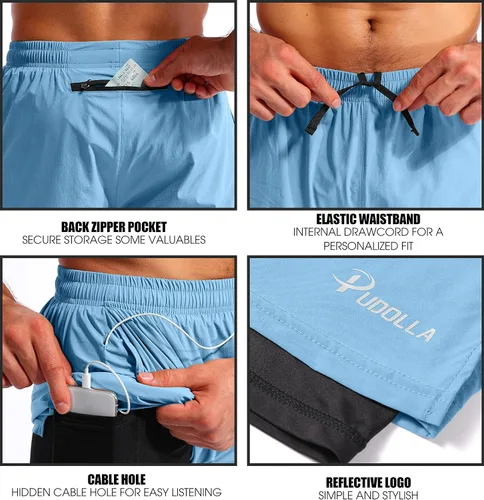 Vista 5 de Pudolla Mens 2 in 1 Running Shorts 7" Quick Dry Gym Athletic Workout Shorts for Men with Phone Pockets