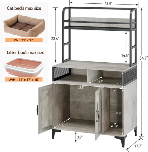 Vista 2 de Caja de arena para gatos con almacenamiento de estantes, muebles ocultos, gran caja de arena oculta para gatos, almacenamiento de madera para baño