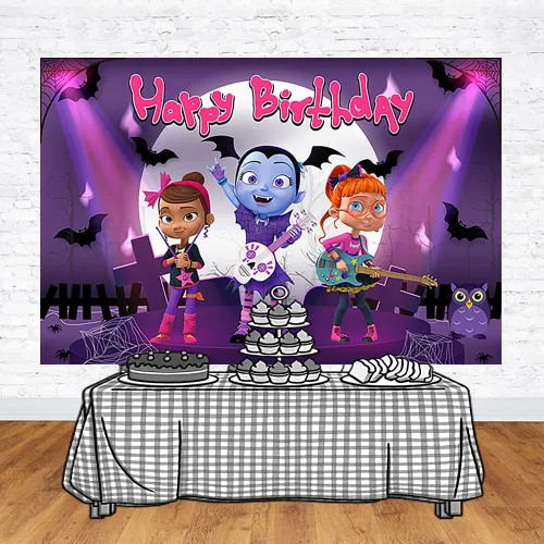 Vista 2 de Fondo de Halloween Vampirina Girl para fiesta de cumpleaños, fondos de fotos de Vampirina, tema de cumpleaños, cartel de baby shower, 59 x 38