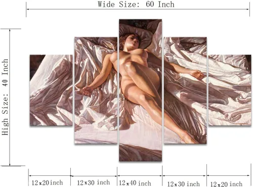 Vista 4 de Lienzo extra grande sexy chica desnuda durmiendo en la cama, arte de pared con marco de madera sexy para mujeres desnudas, obras de arte, arte