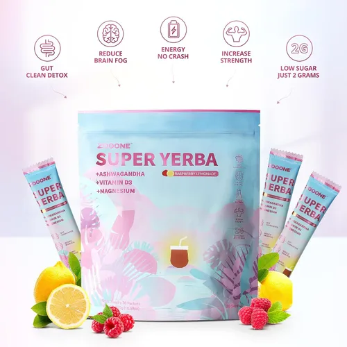 Vista 2 de ZOOONE Súper Yerba Mate té en polvo instantáneo 30 sobres - Sabor a limonada de frambuesa Porciones Energía limpia y enfoque Mejora la niebla