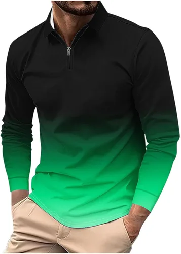 Vista 9 de Camisas para hombres de moda grande y alto de manga larga, color degradado, con cremallera de un cuarto, camiseta polo casual suelta deportiva