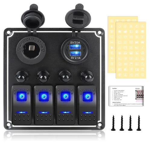 Vista 26 de Panel de interruptores de barco marino de 5 posiciones con cargador USB dual y voltímetro, panel de interruptores basculantes de aluminio