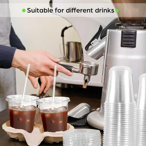 Vista 4 de 50 juegos de vasos de plástico transparente con tapas y pajitas, 14 onzas para bebidas frías, material PET, tazas de café helado desechables