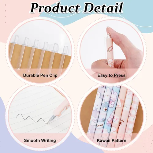 Vista 3 de 12 bolígrafos de gel kawaii para niña, tinta negra de 0.020 in, bolígrafos Kawaii retráctiles finos, suministros escolares para niños, suministros