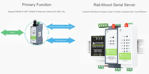 Vista 4 de Waveshare RS485 a WiFi/Ethernet Serial Server, Modbus MQTT Gateway, Montaje en carril, Tamaño compacto, Puerta de enlace industrial, Placa base