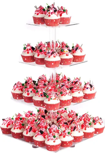 Vista 8 de YestBuy Soporte redondo de acrílico para cupcakes de 4 niveles con base, soporte premium para cupcakes, torre de exhibición de cupcakes de acrílico