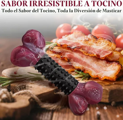 Vista 3 de Juguetes resistentes para perros masticadores agresivos de raza grande, hueso para masticar con sabor a tocino, juguete masticable de nailon y goma