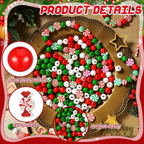 Vista 3 de Misdary - 200 cuentas de madera de Navidad para manualidades, fabricación Diseño de remolino de menta, proyectos de manualidades, guirnalda
