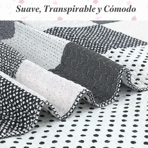 Vista 6 de Cozy Line Home Fashions - Juego de ropa de cama reversible de lunares y rayas en negro, blanco y rosa, con estrellas, de 100% algodón, colcha