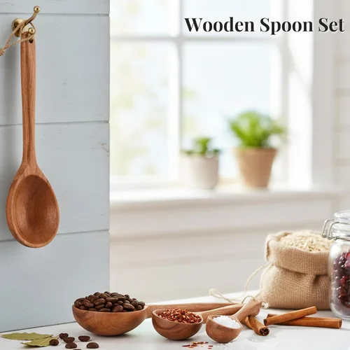 Vista 2 de Juego de cubiertos de madera de 4 piezas – Cucharas de madera para cubiertos de cocina de madera maciza natural – Cuchara ligera y duradera