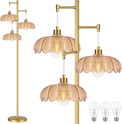 Vista 17 de QIYIZM Lámpara de pie para sala de estar, dormitorio, estilo granja, arco, ratán, boho, lámpara de pie con control remoto regulable, pantalla