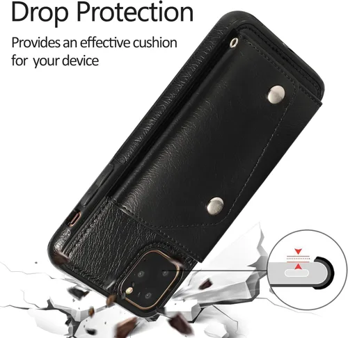 Vista 6 de LUVI Funda con tarjetero para iPhone 11 Pro con correa para el cuello, cadena cruzada, correa de muñeca, funda protectora con ranura para tarjeta