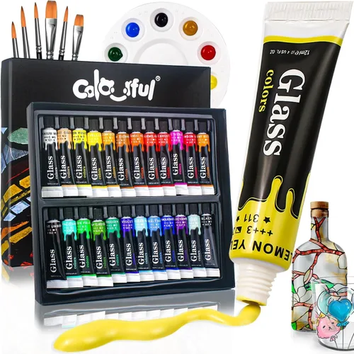 Vista 8 de Juego de Pintura Acrílica para Vidrio Colorida con 6 Pinceles, 1 Paleta, 12 Colores de Pinturas para Vidrio Manchado para Vino, Juego de Pintura