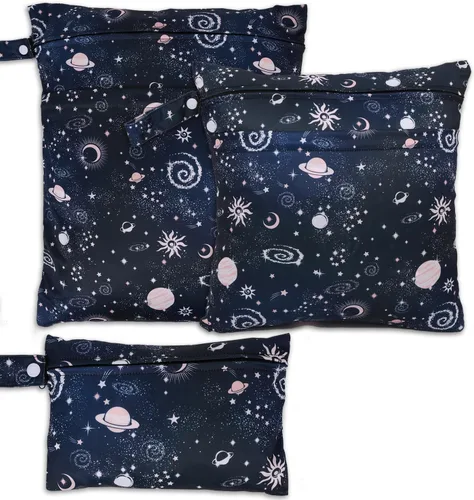 Vista 17 de 3 bolsas para pañales de tela para bebé, impermeables, reutilizables, con 2 bolsillos con cremallera y asa, bolsas de lavandería lavables
