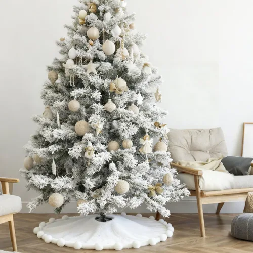 Vista 4 de ORTIGIA Falda blanca para árbol de Navidad de 48 pulgadas con POM POM, falda de árbol de Navidad de felpa suave de piel sintética blanca para árbol