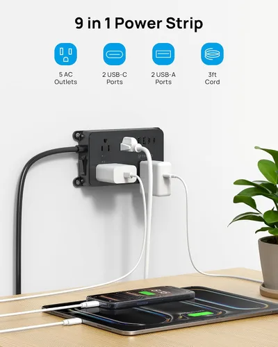 Vista 2 de TROND Regleta protectora contra sobretensiones, cable de extensión de 3 pies de enchufe plano, 5 tomas de corriente ampliamente espaciadas con 2 USB