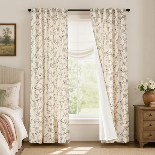 Vista 28 de Lazzzy Cortinas de lino floral verde con bolsillo para barra de granja, 50 Charlotte Verde