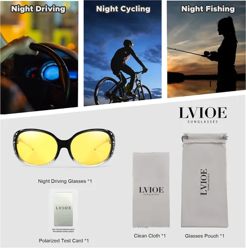 Vista 27 de LVIOE Gafas de conducción de visión nocturna envolventes antirreflejos con lente amarilla polarizada para mujer
