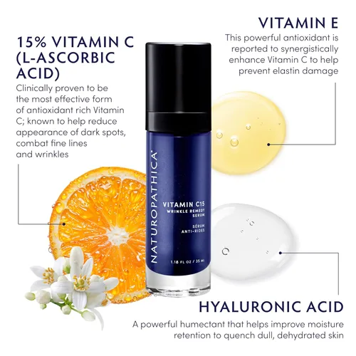Vista 3 de Naturopathica Vitamina C15 Suero remedio antiarrugas para cara, suero hidratante con ácido hialurónico, suero facial antienvejecimiento para hombres