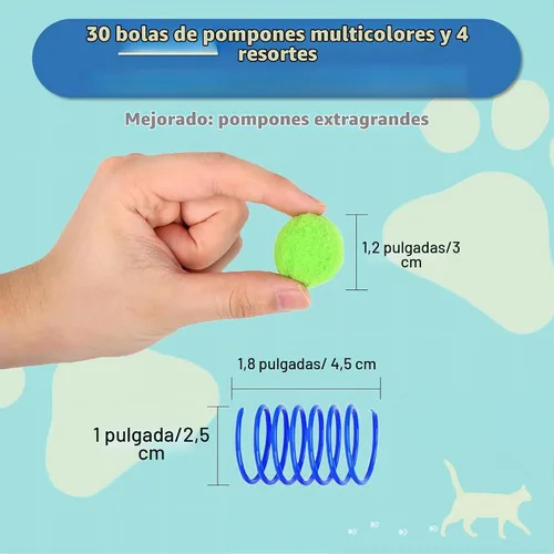 Vista 5 de 30 piezas de bolas de pompón de gato premium silenciosas, bolas de juguete de colores surtidos y suaves interactivas (3 cm), con 4 piezas de juguete