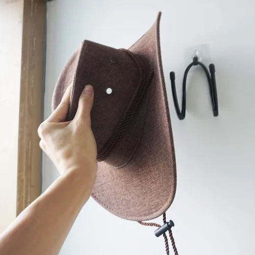 Vista 3 de Paquete de 2 ganchos adhesivos para sombreros, soporte para sombreros, organizador de sombreros, perchas de almacenamiento de montaje en pared, sin