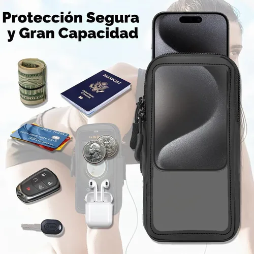 Vista 3 de Soporte para teléfono para correr, caminar y entrenar – Brazalete ajustable para iPhone y teléfonos celulares – Bolsa cruzada transparente