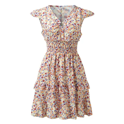 Vista 5 de Vestido corto de playa bohemio con cuello en V y manga con volantes para mujer bonito vestido corto con cintura fruncida lindo traje de playa