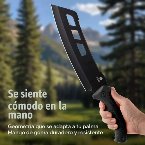 Vista 5 de REAT Machete con sierra, machete resistente de 16 pulgadas con funda, cuchillo de jardinería de doble propósito para cortar y aserrar, mango Negro