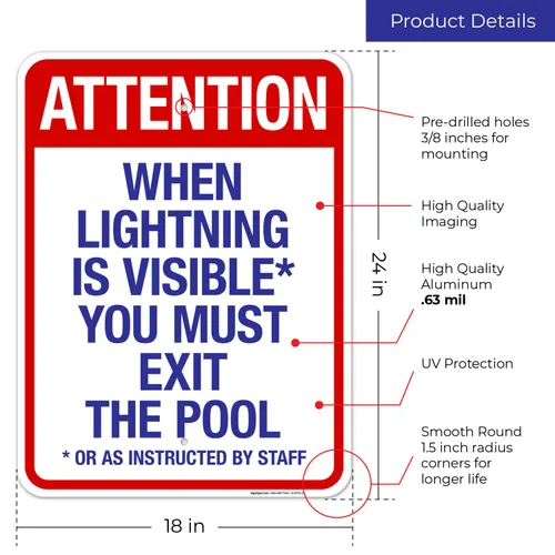 Vista 23 de Letrero con texto en inglés "Attention When Lightning is Visible You Must Exit The Pool - Letrero de piscina, 10 x 14 pulgadas, libre de óxido