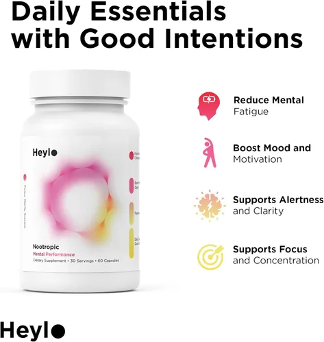 Vista 2 de Heylo - Suplemento cerebral nootrópico para concentración, energía y memoria Cognizin Citicolina, L-teanina, cafeína PurCaf, fosfatidilserina, B6