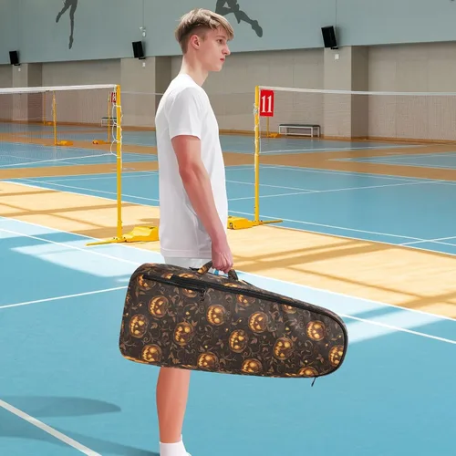 Vista 8 de Bolsa de tenis unisex resistente al agua, color amarillo gótico, calabaza de Halloween, bolsa de viaje deportiva para tenis, bádminton, bolsa