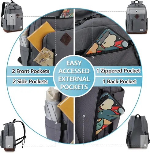 Vista 4 de Mochila escolar para niños, mochila de viaje ligera resistente al agua, Gris oscuro